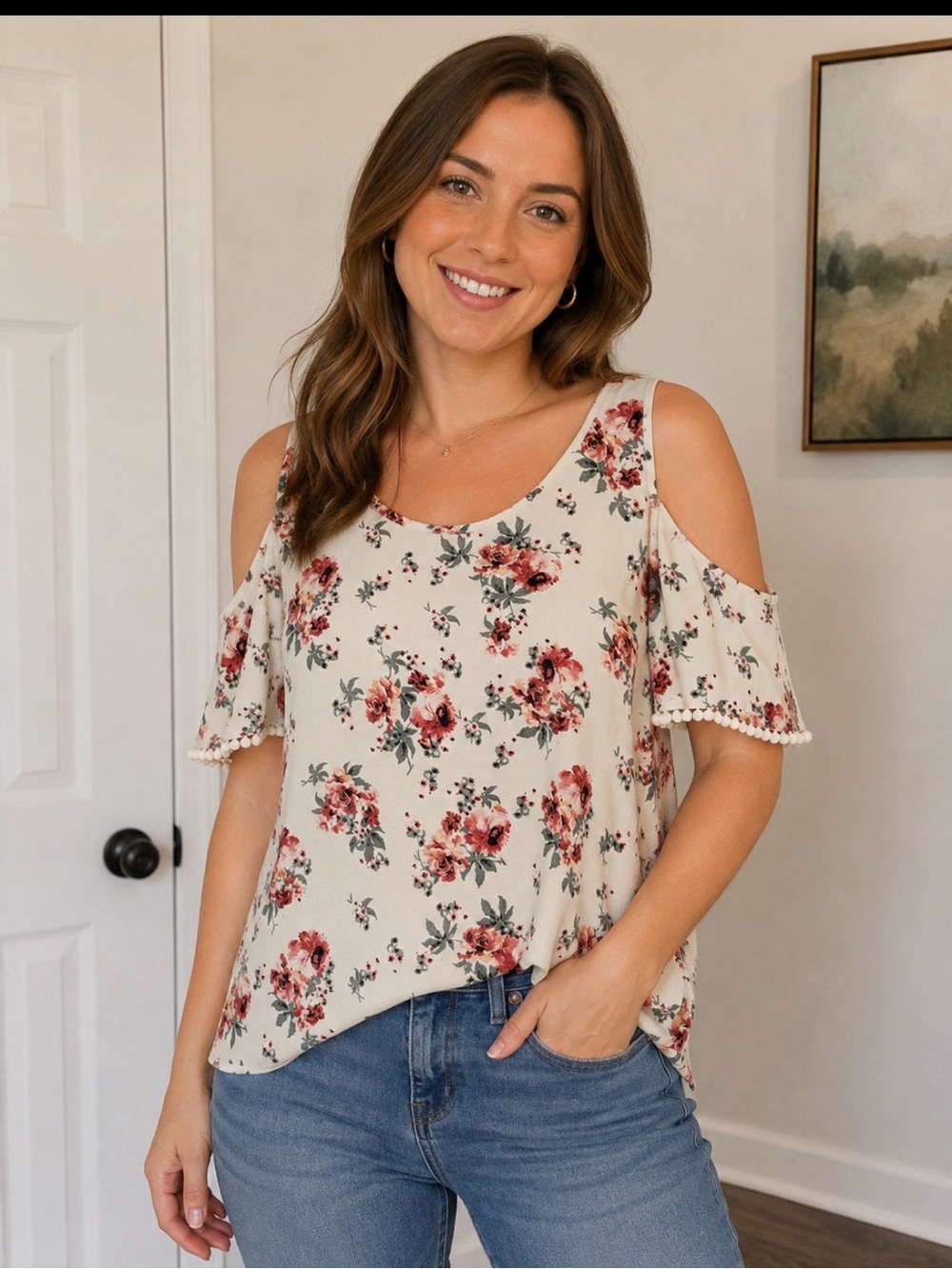 Lily White Cream Cold-Shoulder Floral Blouse with Pink Roses